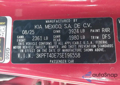 2025 Kia K4 Lxs from USA, damaged, VIN 3KPFT4DE7SE196558